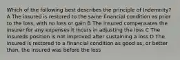 Which of the following best describes the principle of Indemnity? A The insured is restored to the same financial condition as prior to the loss, with no loss or gain B The insured compensates the insurer for any expenses it incurs in adjusting the loss C The insureds position is not improved after sustaining a loss D The insured is restored to a financial condition as good as, or better than, the insured was before the loss