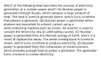 Which of the following best describes the process of electricity generation at a nuclear power plant? (A) Nuclear power is generated through fission, which releases a large amount of heat. The heat is used to generate steam, which turns a turbine that powers a generator. (B) Nuclear power is generated when photons are converted to a direct current using a semiconducting material such as silicon. An inverter is used to convert the electricity into an alternating current. (C) Nuclear power is generated from the thermal energy of Earth, which is a result of radioactive decay. The water underground is turned to steam, which turns a turbine to produce electricity. (D) Nuclear power is generated from the combustion of mined uranium, which provides enough heat to power a generator. The generator turns a turbine to create electricity.