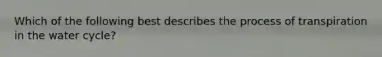 Which of the following best describes the process of transpiration in the water cycle?