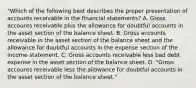 "Which of the following best describes the proper presentation of accounts receivable in the financial statements? A. Gross accounts receivable plus the allowance for doubtful accounts in the asset section of the balance sheet. B. Gross accounts receivable in the asset section of the balance sheet and the allowance for doubtful accounts in the expense section of the income statement. C. Gross accounts receivable less bad debt expense in the asset section of the balance sheet. D. "Gross accounts receivable less the allowance for doubtful accounts in the asset section of the balance sheet."