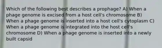 Which of the following best describes a prophage? A) When a phage genome is excised from a host cell's chromosome B) When a phage genome is inserted into a host cell's cytoplasm C) When a phage genome is integrated into the host cell's chromosome D) When a phage genome is inserted into a newly built capsid