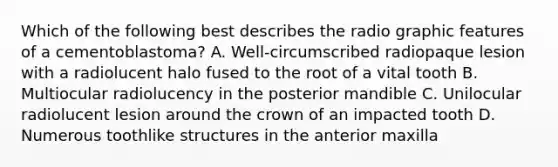 Which of the following best describes the radio graphic features of a cementoblastoma? A. Well-circumscribed radiopaque lesion with a radiolucent halo fused to the root of a vital tooth B. Multiocular radiolucency in the posterior mandible C. Unilocular radiolucent lesion around the crown of an impacted tooth D. Numerous toothlike structures in the anterior maxilla