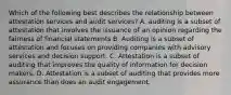 Which of the following best describes the relationship between attestation services and audit services? A. auditing is a subset of attestation that involves the issuance of an opinion regarding the fairness of financial statements B. Auditing is a subset of attestation and focuses on providing companies with advisory services and decision support. C. Attestation is a subset of auditing that improves the quality of information for decision makers. D. Attestation is a subset of auditing that provides more assurance than does an audit engagement.