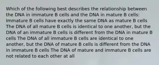 Which of the following best describes the relationship between the DNA in immature B cells and the DNA in mature B cells: Immature B cells have exactly the same DNA as mature B cells The DNA of all mature B cells is identical to one another, but the DNA of an immature B cells is different from the DNA in mature B cells The DNA of all immature B cells are identical to one another, but the DNA of mature B cells is different from the DNA in immature B cells The DNA of mature and immature B cells are not related to each other at all