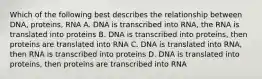 Which of the following best describes the relationship between DNA, proteins, RNA A. DNA is transcribed into RNA, the RNA is translated into proteins B. DNA is transcribed into proteins, then proteins are translated into RNA C. DNA is translated into RNA, then RNA is transcribed into proteins D. DNA is translated into proteins, then proteins are transcribed into RNA