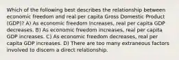 Which of the following best describes the relationship between economic freedom and real per capita Gross Domestic Product (GDP)? A) As economic freedom increases, real per capita GDP decreases. B) As economic freedom increases, real per capita GDP increases. C) As economic freedom decreases, real per capita GDP increases. D) There are too many extraneous factors involved to discern a direct relationship.