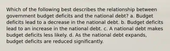 Which of the following best describes the relationship between government budget deficits and the national debt? a. Budget deficits lead to a decrease in the national debt. b. Budget deficits lead to an increase in the national debt. c. A national debt makes budget deficits less likely. d. As the national debt expands, budget deficits are reduced significantly.