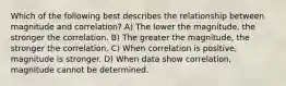 Which of the following best describes the relationship between magnitude and correlation? A) The lower the magnitude, the stronger the correlation. B) The greater the magnitude, the stronger the correlation. C) When correlation is positive, magnitude is stronger. D) When data show correlation, magnitude cannot be determined.