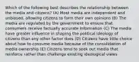 Which of the following best describes the relationship between the media and citizens? (A) Most media are independent and unbiased, allowing citizens to form their own opinions (B) The media are regulated by the government to ensure that consumers receive factually accurate information (C) The media have greater influence in shaping the political ideology of citizens than any other factor does (D) Citizens have little choice about how to consume media because of the consolidation of media ownership (E) Citizens tend to seek out media that reinforce rather than challenge existing ideological views