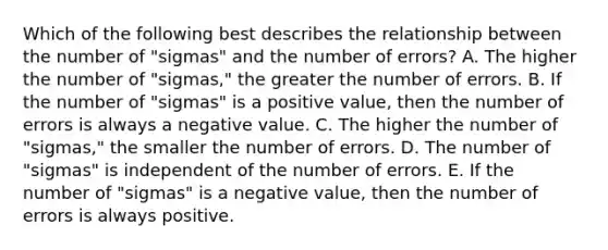 Which of the following best describes the relationship between the number of "sigmas" and the number of errors? A. The higher the number of "sigmas," the greater the number of errors. B. If the number of "sigmas" is a positive value, then the number of errors is always a negative value. C. The higher the number of "sigmas," the smaller the number of errors. D. The number of "sigmas" is independent of the number of errors. E. If the number of "sigmas" is a negative value, then the number of errors is always positive.