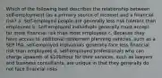 Which of the following best describes the relationship between self-employment (as a primary source of income) and a financial risk? a. Self-employed people are generally less risk tolerant than employees b. Self-employed individuals generally must accept far more financial risk than most employees c. Because they have access to additional retirement planning vehicles, such as a SEP IRA, self-employed individuals generally face less financial risk than employees d. Self-employed professionals who can charge upwards of 100/hour for their services, such as lawyers and business consultants, are unique in that they generally do not face financial risks