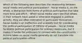 Which of the following best describes the relationship between social media and political participation? - Social media is, on the whole, a distraction from forms of political participation that take more time and effort. - When social media users see that others in their network have voted or otherwise engaged in political activity, they are often motivated to participate themselves. - Social media is an ineffective and unwieldy tool for coordinating the political participation of millions of people. - Social media facilitates political participation for ordinary Americans, but it makes it harder for politicians to connect with the constituents. - Actions taken on social media generally do not translate into political participation offline.