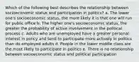 Which of the following best describes the relationship between socioeconomic status and participation in politics? a. The lower one's socioeconomic status, the more likely it is that one will run for public office b. The higher one's socioeconomic status, the greater the probability of active involvement in the political process c. Adults who are unemployed have a greater personal interest in policy and tend to participate more actively in politics than do employed adults d. People in the lower middle class are the most likely to participate in politics e. There is no relationship between socioeconomic status and political participation