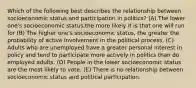 Which of the following best describes the relationship between socioeconomic status and participation in politics? (A) The lower one's socioeconomic status,the more likely it is that one will run for (B) The higher one's socioeconomic status, the greater the probability of active involvement in the political process. (C) Adults who are unemployed have a greater personal interest in policy and tend to participate more actively in politics than do employed adults. (D) People in the lower socioeconomic status are the most likely to vote. (E) There is no relationship between socioeconomic status and political participation.