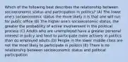 Which of the following best describes the relationship between socioeconomic status and participation in politics? (A) The lower one's socioeconomic status the more likely it is that one will run for public office (B) The higher one's socioeconomic status, the greater the probability of active involvement in the political process (C) Adults who are unemployed have a greater personal interest in policy and tend to participate more actively in politics than do employed adults (D) People in the lower middle class are not the most likely to participate in politics (E) There is no relationship between socioeconomic status and political participation