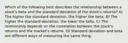 Which of the following best describes the relationship between a stock's beta and the standard deviation of the stock's returns? A) The higher the standard deviation, the higher the beta. B) The higher the standard deviation, the lower the beta. C) The relationship depends on the correlation between the stock's returns and the market's returns. D) Standard deviation and beta are different ways of measuring the same thing.