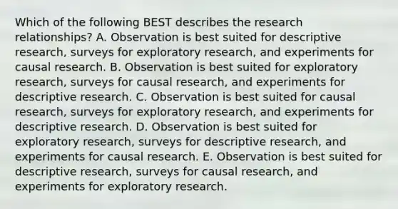 Which of the following BEST describes the research​ relationships? A. Observation is best suited for descriptive​ research, surveys for exploratory​ research, and experiments for causal research. B. Observation is best suited for exploratory​ research, surveys for causal​ research, and experiments for descriptive research. C. Observation is best suited for causal​ research, surveys for exploratory​ research, and experiments for descriptive research. D. Observation is best suited for exploratory​ research, surveys for descriptive​ research, and experiments for causal research. E. Observation is best suited for descriptive​ research, surveys for causal​ research, and experiments for exploratory research.