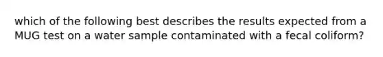 which of the following best describes the results expected from a MUG test on a water sample contaminated with a fecal coliform?