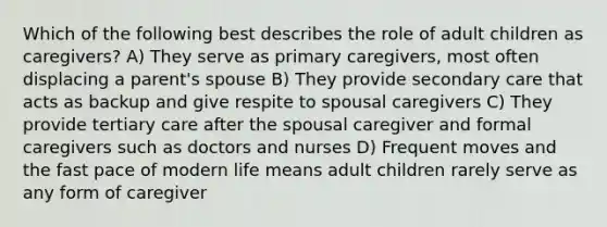 Which of the following best describes the role of adult children as caregivers? A) They serve as primary caregivers, most often displacing a parent's spouse B) They provide secondary care that acts as backup and give respite to spousal caregivers C) They provide tertiary care after the spousal caregiver and formal caregivers such as doctors and nurses D) Frequent moves and the fast pace of modern life means adult children rarely serve as any form of caregiver