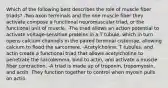 Which of the following best describes the role of muscle fiber triads? -Two axon terminals and the one muscle fiber they activate compose a functional neuromuscular triad, or the functional unit of muscle. -The triad allows an action potential to activate voltage-sensitive proteins in a T tubule, which in turn opens calcium channels in the paired terminal cisternae, allowing calcium to flood the sarcomere. -Acetylcholine, T tubules, and actin create a functional triad that allows acetylcholine to penetrate the sarcolemma, bind to actin, and activate a muscle fiber contraction. -A triad is made up of troponin, tropomyosin, and actin. They function together to control when myosin pulls on actin.