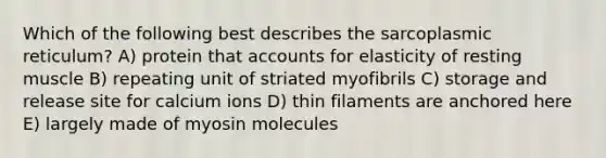 Which of the following best describes the sarcoplasmic reticulum? A) protein that accounts for elasticity of resting muscle B) repeating unit of striated myofibrils C) storage and release site for calcium ions D) thin filaments are anchored here E) largely made of myosin molecules