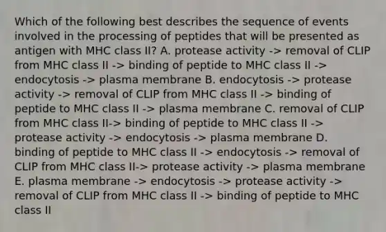 Which of the following best describes the sequence of events involved in the processing of peptides that will be presented as antigen with MHC class II? A. protease activity -> removal of CLIP from MHC class II -> binding of peptide to MHC class II -> endocytosis -> plasma membrane B. endocytosis -> protease activity -> removal of CLIP from MHC class II -> binding of peptide to MHC class II -> plasma membrane C. removal of CLIP from MHC class II-> binding of peptide to MHC class II -> protease activity -> endocytosis -> plasma membrane D. binding of peptide to MHC class II -> endocytosis -> removal of CLIP from MHC class II-> protease activity -> plasma membrane E. plasma membrane -> endocytosis -> protease activity -> removal of CLIP from MHC class II -> binding of peptide to MHC class II