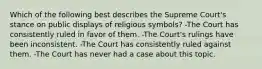 Which of the following best describes the Supreme Court's stance on public displays of religious symbols? -The Court has consistently ruled in favor of them. -The Court's rulings have been inconsistent. -The Court has consistently ruled against them. -The Court has never had a case about this topic.