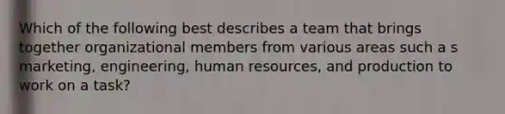 Which of the following best describes a team that brings together organizational members from various areas such a s marketing, engineering, human resources, and production to work on a task?