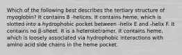 Which of the following best describes the tertiary structure of myoglobin? It contains 8 -helices. It contains heme, which is slotted into a hydrophobic pocket between -helix E and -helix F. It contains no β-sheet. It is a heterotetramer. It contains heme, which is loosely associated via hydrophobic interactions with amino acid side chains in the heme pocket.