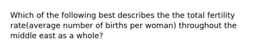 Which of the following best describes the the total fertility rate(average number of births per woman) throughout the middle east as a whole?