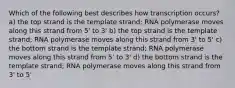 Which of the following best describes how transcription occurs? a) the top strand is the template strand; RNA polymerase moves along this strand from 5' to 3' b) the top strand is the template strand; RNA polymerase moves along this strand from 3' to 5' c) the bottom strand is the template strand; RNA polymerase moves along this strand from 5' to 3' d) the bottom strand is the template strand; RNA polymerase moves along this strand from 3' to 5'