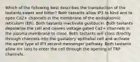 Which of the following best describes the transduction of the tastants sweet and bitter? Both tastants allow IP3 to bind and to open Ca2+ channels in the membrane of the endoplasmic reticulum (ER). Both tastants inactivate gustducin. Both tastants depolarize the cell and causes voltage-gated Ca2+ channels in the plasma membrane to close. Both tastants will cross directly through channels into the gustatory epithelial cell and activate the same type of IP3 second messenger pathway. Both tastants allow H+ ions to enter the cell through the opening of TRP channels.