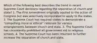 Which of the following best describes the trend in recent Supreme Court decisions regarding the separation of church and state? 1. The First Amendment originally applied to the action of Congress but was selectively incorporated to apply to the states. 2. The Supreme Court has required states to demonstrate a "compelling moral or ethical" rationale for various entanglements between church and state. 3. The Supreme Court has consistently prohibited all government aid to religious schools. 4. The Supreme Court has been reluctant to further increase the separation of church and state.