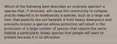 Which of the following best describes an umbrella species? a species that, if removed, will cause the community to collapse and be reduced in its biodiversity a species, such as a large oak tree, that protects the soil beneath it from heavy downpours and prevents erosion a species whose protection will result in the protection of a large number of species that require the same habitat a particularly showy species that people will want to protect because it is so attractive