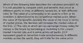 Which of the following best describes the valuation principle? A) It is not possible to compare costs and benefits that occur at different points in time, in different currencies, or with different risks. B) The value of a commodity or an asset to a firm or its investors is determined by its competitive market price. When the value of the benefits exceeds the value of the costs in terms of market prices, the decision will increase the market value of the firm. C) The rate at which we can exchange money today for money in the future by borrowing or investing is the current market interest rate and is same across all banks. D) If equivalent goods or securities trade simultaneously in different markets across the world, they will trade for the same price.