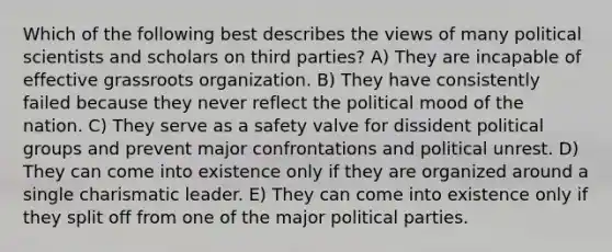 Which of the following best describes the views of many political scientists and scholars on third parties? A) They are incapable of effective grassroots organization. B) They have consistently failed because they never reflect the political mood of the nation. C) They serve as a safety valve for dissident political groups and prevent major confrontations and political unrest. D) They can come into existence only if they are organized around a single charismatic leader. E) They can come into existence only if they split off from one of the major political parties.