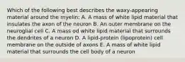 Which of the following best describes the waxy-appearing material around the myelin: A. A mass of white lipid material that insulates the axon of the neuron B. An outer membrane on the neuroglial cell C. A mass od white lipid material that surrounds the dendrites of a neuron D. A lipid-protein (lipoprotein) cell membrane on the outside of axons E. A mass of white lipid material that surrounds the cell body of a neuron