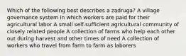 Which of the following best describes a zadruga? A village governance system in which workers are paid for their agricultural labor A small self-sufficient agricultural community of closely related people A collection of farms who help each other out during harvest and other times of need A collection of workers who travel from farm to farm as laborers