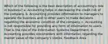 Which of the following is the best description of accounting's role in business? a. Accounting helps in decreasing the credit risk of the company. b. Accounting provides information to managers to operate the business and to other users to make decisions regarding the economic condition of the company. c. Accounting is not responsible for providing any form of information to users. That is the role of the Information Systems Department. d. Accounting provides stockholders with information regarding the market value of the company's stocks. Feedback Area