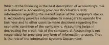 Which of the following is the best description of accounting's role in business? a. Accounting provides stockholders with information regarding the market value of the company's stocks. b. Accounting provides information to managers to operate the business and to other users to make decisions regarding the economic condition of the company. ﻿﻿﻿c. Accounting helps in decreasing the credit risk of the company. ﻿﻿﻿d. Accounting is not responsible for providing any form of information to users. That is the role of the Information Systems Department.