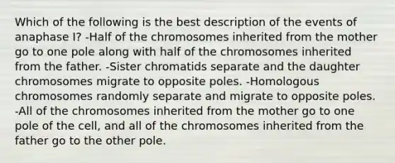 Which of the following is the best description of the events of anaphase I? -Half of the chromosomes inherited from the mother go to one pole along with half of the chromosomes inherited from the father. -Sister chromatids separate and the daughter chromosomes migrate to opposite poles. -Homologous chromosomes randomly separate and migrate to opposite poles. -All of the chromosomes inherited from the mother go to one pole of the cell, and all of the chromosomes inherited from the father go to the other pole.