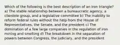 Which of the following is the best description of an iron triangle? a) The stable relationship between a bureaucratic agency, a clientele group, and a legislative committee b) The inability to reform federal rules without the help from the House of Representatives, the Senate, and the president c) The domination of a few large companies in the regulation of iron mining and smelting d) The breakdown in the separation of powers between Congress, the judiciary, and the president