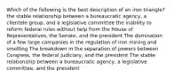 Which of the following is the best description of an iron triangle? the stable relationship between a bureaucratic agency, a clientele group, and a legislative committee the inability to reform federal rules without help from the House of Representatives, the Senate, and the president The domination of a few large companies in the regulation of iron mining and smelting The breakdown in the separation of powers between Congress, the federal judiciary, and the president The stable relationship between a bureaucratic agency, a legislative committee, and the president