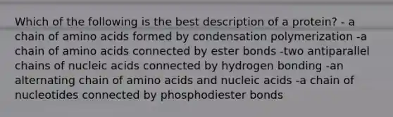 Which of the following is the best description of a protein? - a chain of <a href='https://www.questionai.com/knowledge/k9gb720LCl-amino-acids' class='anchor-knowledge'>amino acids</a> formed by condensation polymerization -a chain of amino acids connected by ester bonds -two antiparallel chains of nucleic acids connected by hydrogen bonding -an alternating chain of amino acids and nucleic acids -a chain of nucleotides connected by phosphodiester bonds