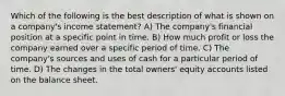 Which of the following is the best description of what is shown on a company's income statement? A) The company's financial position at a specific point in time. B) How much profit or loss the company earned over a specific period of time. C) The company's sources and uses of cash for a particular period of time. D) The changes in the total owners' equity accounts listed on the balance sheet.