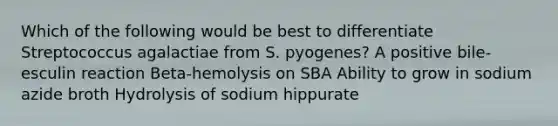 Which of the following would be best to differentiate Streptococcus agalactiae from S. pyogenes? A positive bile-esculin reaction Beta-hemolysis on SBA Ability to grow in sodium azide broth Hydrolysis of sodium hippurate