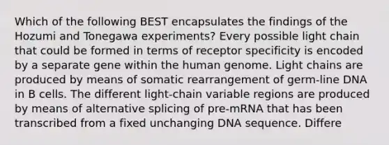 Which of the following BEST encapsulates the findings of the Hozumi and Tonegawa experiments? Every possible light chain that could be formed in terms of receptor specificity is encoded by a separate gene within the human genome. Light chains are produced by means of somatic rearrangement of germ-line DNA in B cells. The different light-chain variable regions are produced by means of alternative splicing of pre-mRNA that has been transcribed from a fixed unchanging DNA sequence. Differe