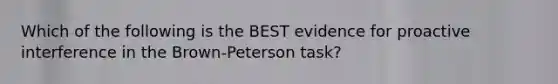 Which of the following is the BEST evidence for proactive interference in the Brown-Peterson task?