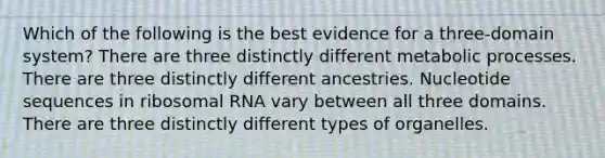 Which of the following is the best evidence for a three-domain system? There are three distinctly different metabolic processes. There are three distinctly different ancestries. Nucleotide sequences in ribosomal RNA vary between all three domains. There are three distinctly different types of organelles.