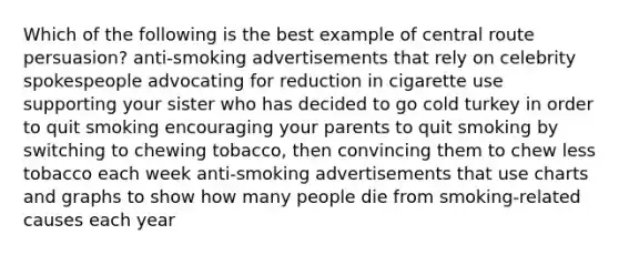 Which of the following is the best example of central route persuasion? anti-smoking advertisements that rely on celebrity spokespeople advocating for reduction in cigarette use supporting your sister who has decided to go cold turkey in order to quit smoking encouraging your parents to quit smoking by switching to chewing tobacco, then convincing them to chew less tobacco each week anti-smoking advertisements that use charts and graphs to show how many people die from smoking-related causes each year